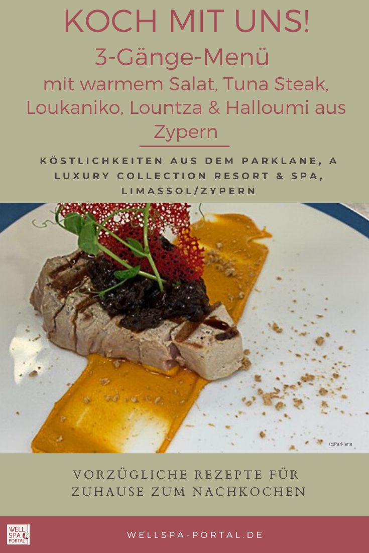 Köstliches drei Gänge Menü mit warmem Salat, Tuna Steak, Loukaniko, Lountza & Halloumi aus Zypern